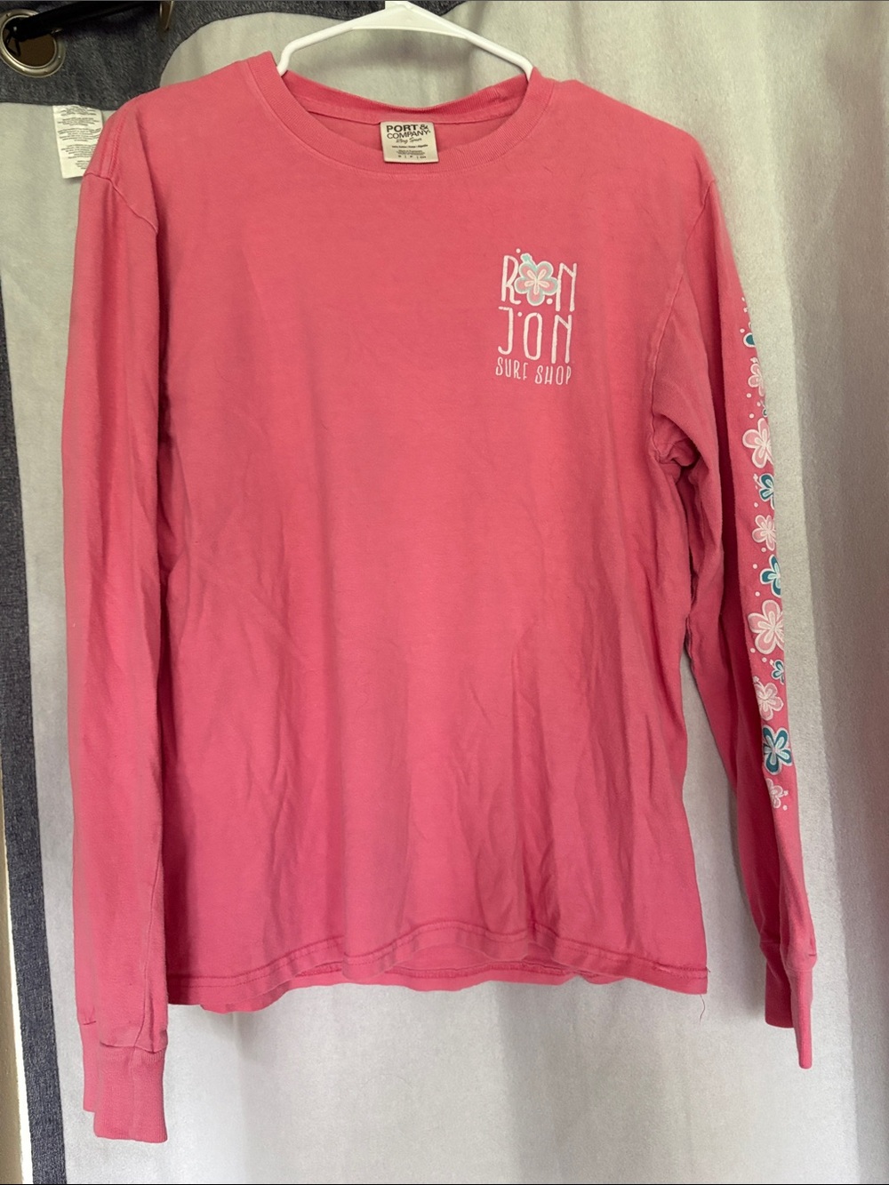 Ron Jon Pink Long Sleeve Tee with Floral Sleeve Accent